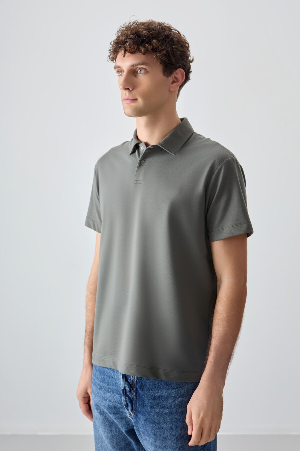 Haki Pamuklu Kalın Yumuşak Dokulu Polo Yaka Oversize Fit Basic Erkek T- Shirt - 88381
