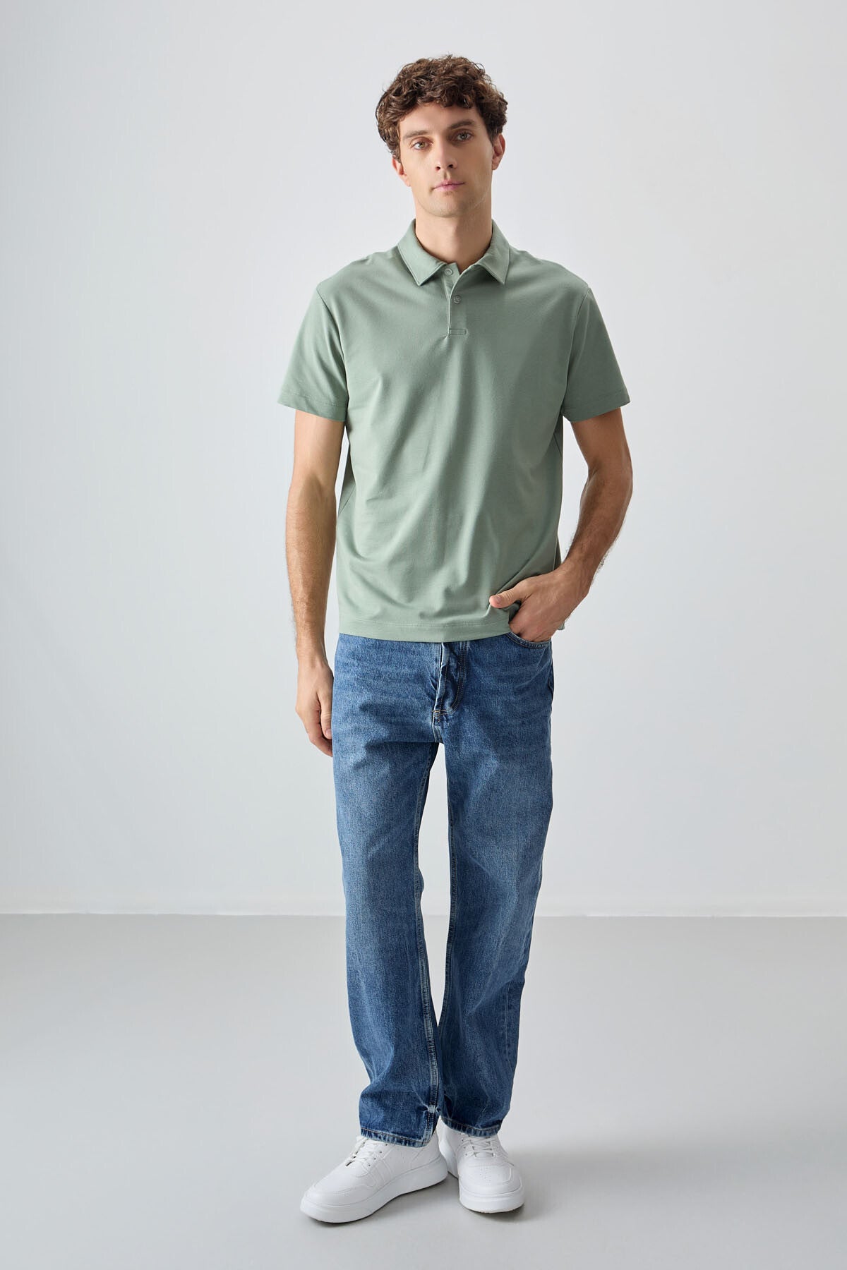 Açık Yeşil Pamuklu Kalın Yumuşak Dokulu Polo Yaka Oversize Fit Basic Erkek T-Shirt - 88381