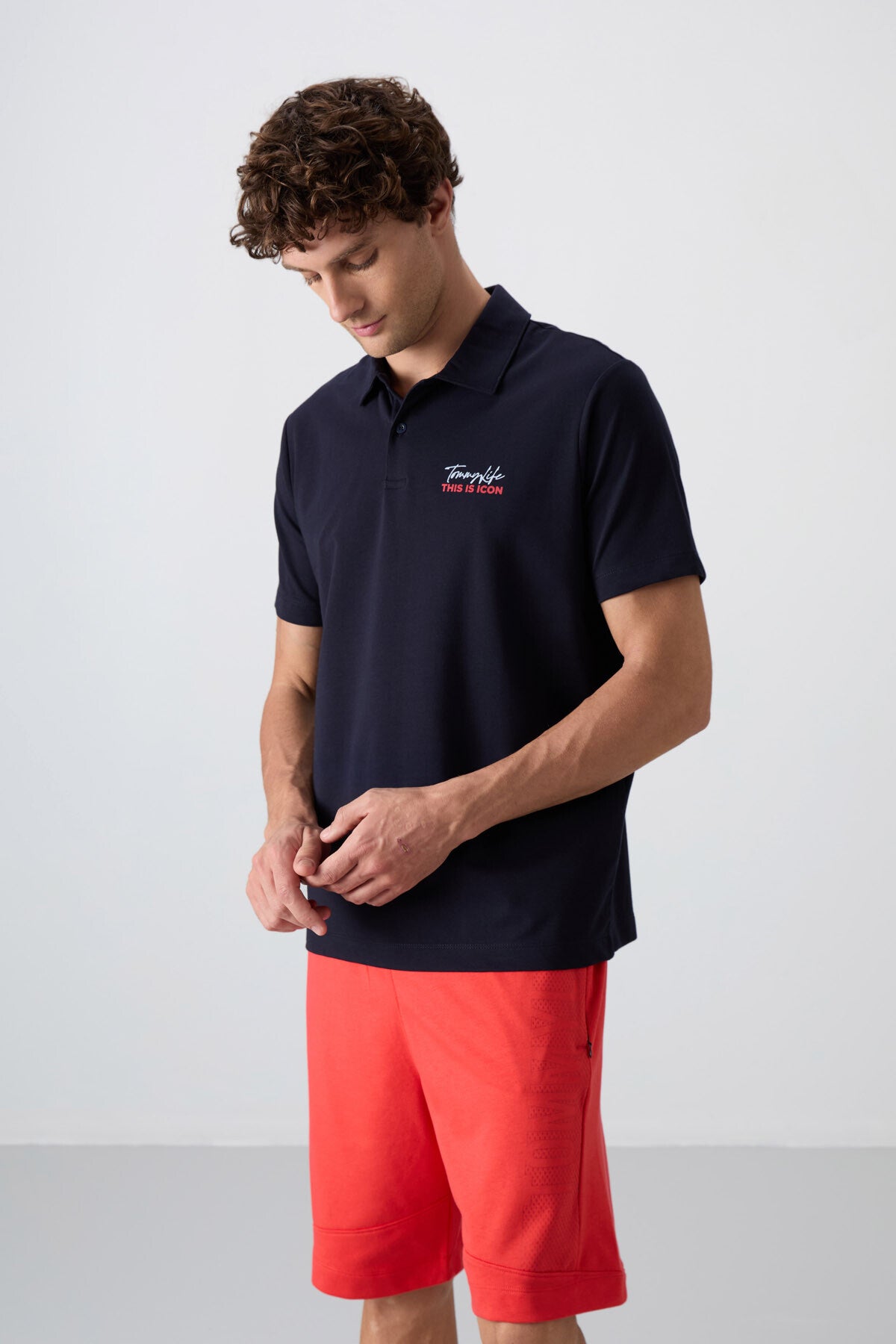 Lacivert Pamuklu Kalın Yumuşak Dokulu Standart Fit Baskılı Polo Yaka Erkek T-Shirt - 88346