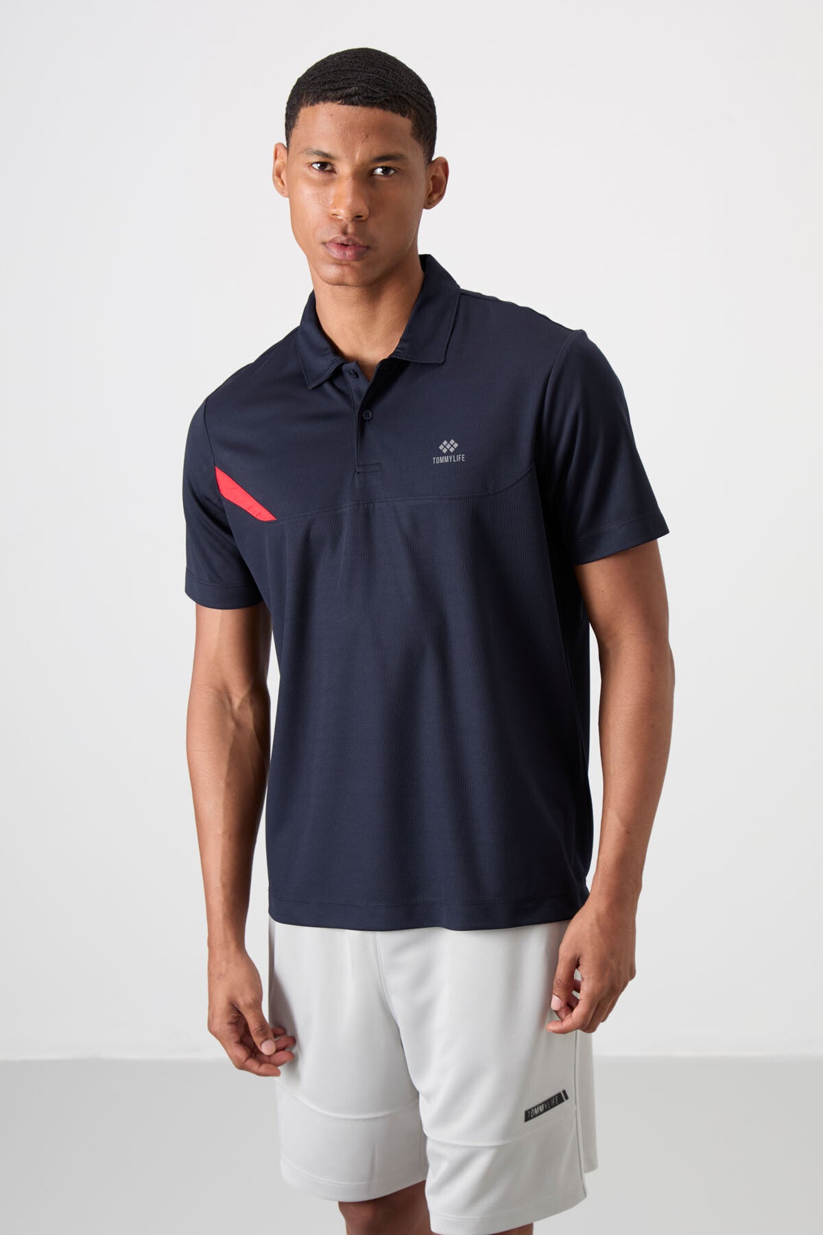 Lacivert Nefes Alan Dokulu İnce Esnek Standart Fit Polo Yaka Erkek Performans T-Shirt - 88402