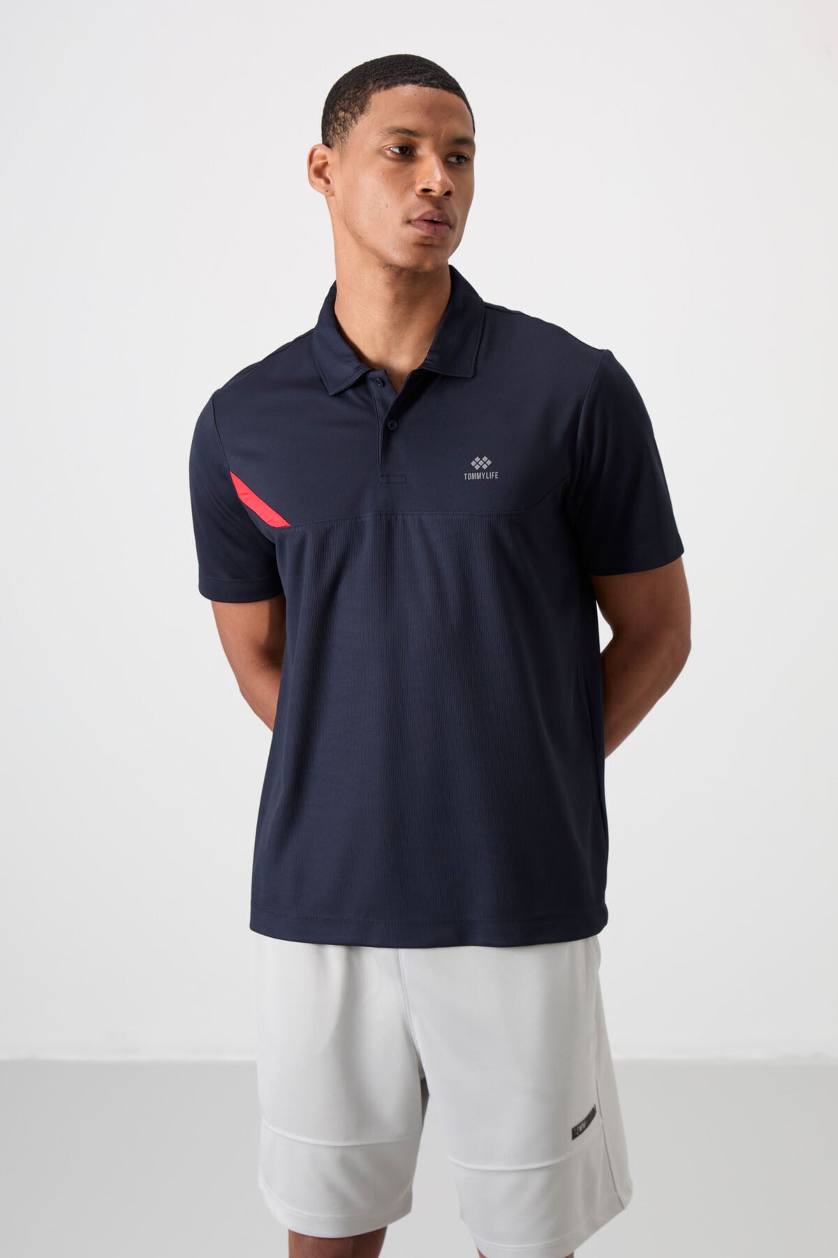 Lacivert Nefes Alan Dokulu İnce Esnek Standart Fit Polo Yaka Erkek Performans T-Shirt - 88402