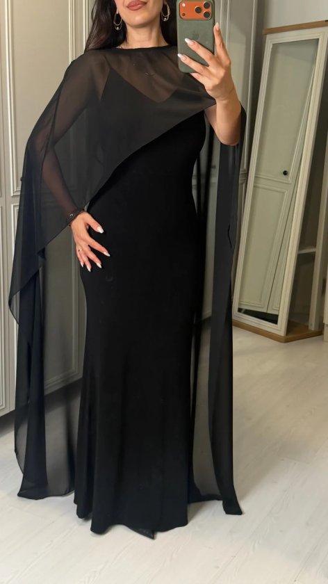 Kadın Transparan Pelerin Detay Askılı Maxi Boy Elbise