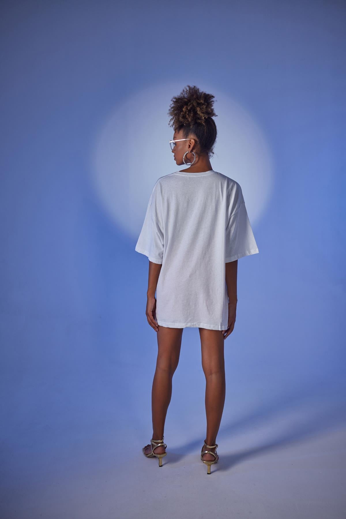 Oversize Baskılı Censored T-Shirt Beyaz