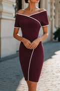 Women's Off-the-Shoulder Striped Detail Short Shimmer Crepe Dress