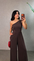 Women’s Sandy Jumpsuit with One-Shoulder Gathering Detail, Wide Legs, and Long Length