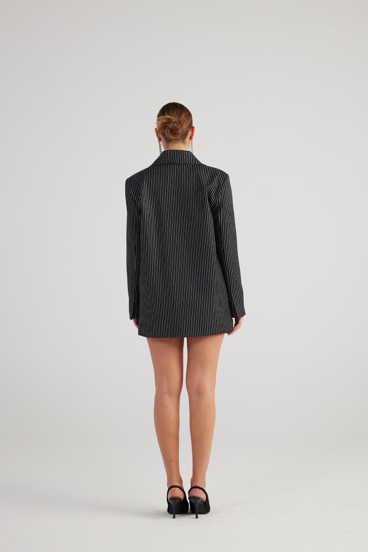 Oversize Kesim Simli Çizgili Eden Blazer Ceket Siyah