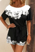 Women's One-Shoulder Floral Pattern Belted Two-Thread Mini Short Jumpsuit