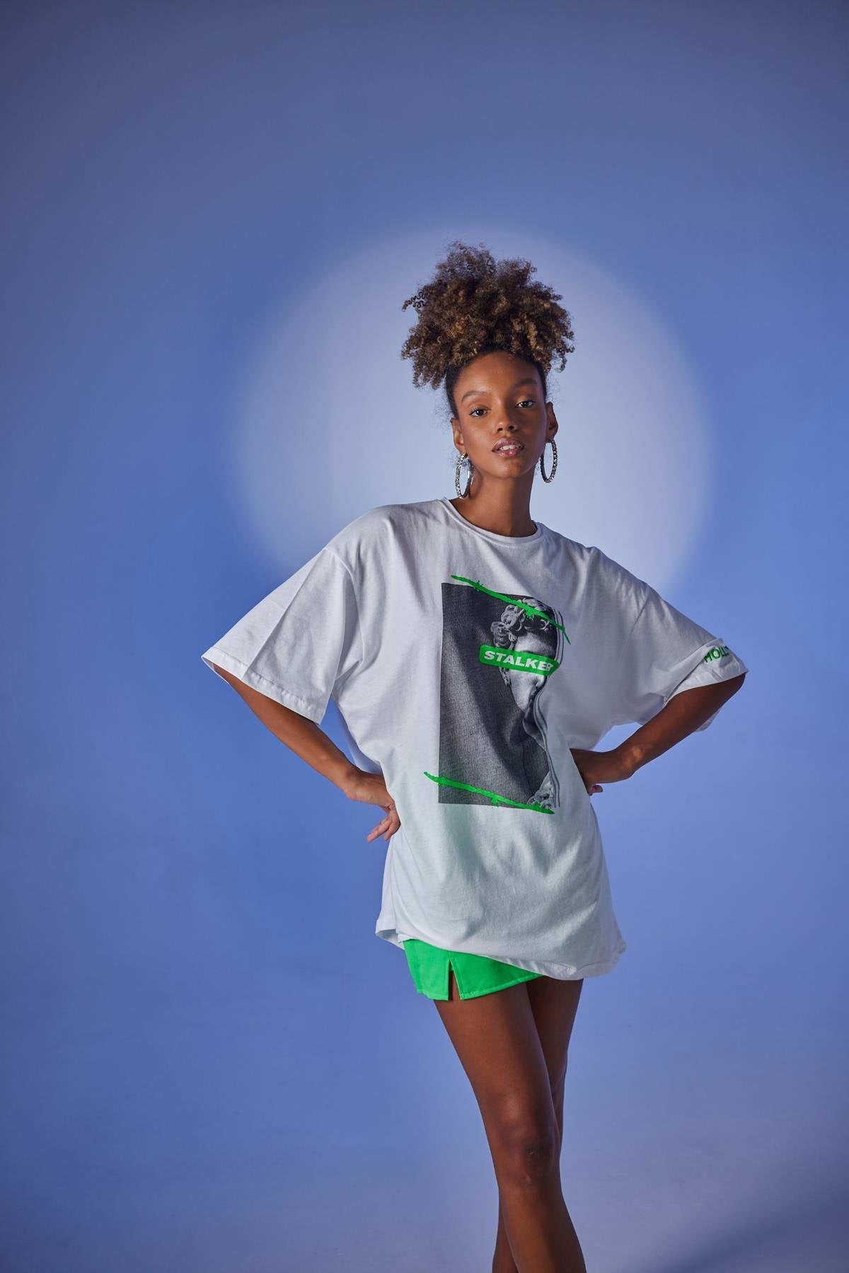 Oversize Baskılı Stalker T-Shirt Beyaz Beyaz STD