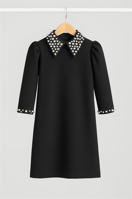 Fakir Kollu Kız Çocuk Elbise Yakası Ve Kolu Taşlı Siyah 12-13 Yaş