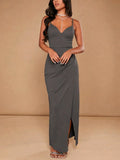 Women's Spaghetti Strap Deep V-Neck Slit Long Shimmer Crepe Dress