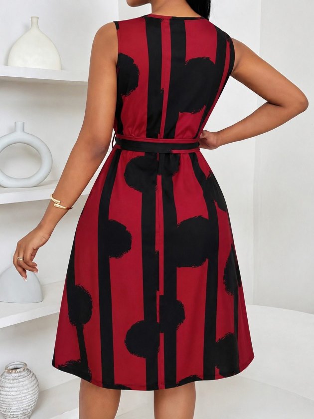 Women’s Sleeveless V-Neck Patterned Short Jersey Dress with a Tie Waist