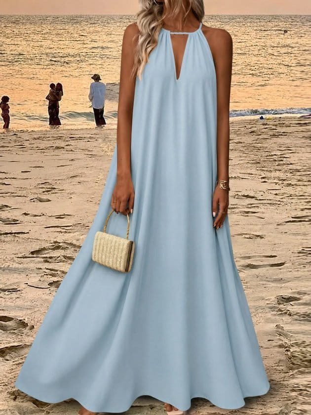 Women’s Off-Shoulder Long Viscose Dress with Neck Accessory Detail and No Belt