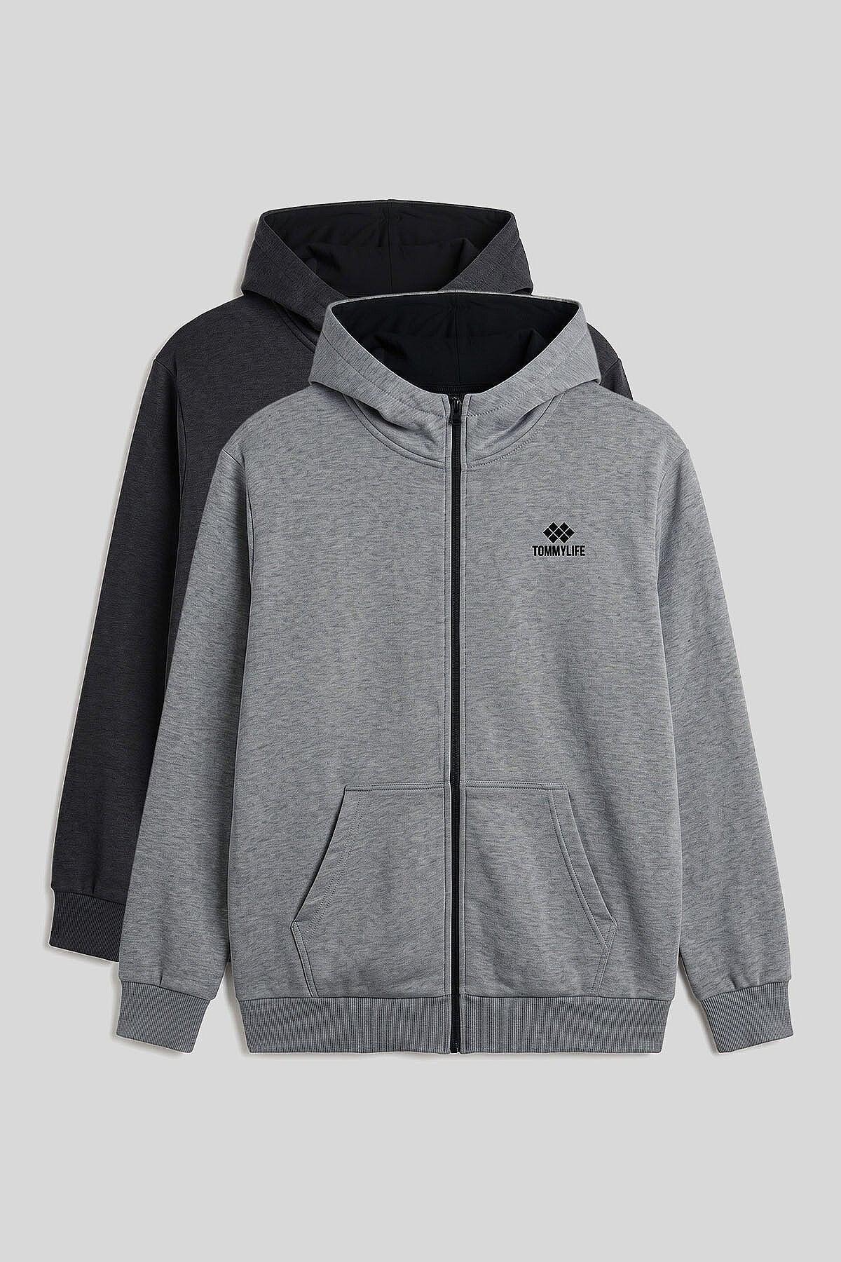 Fermuarlı Büyük Beden 2'li Paket Antrasit Melanj-Gri Melanj Erkek Sweatshirt - 88124