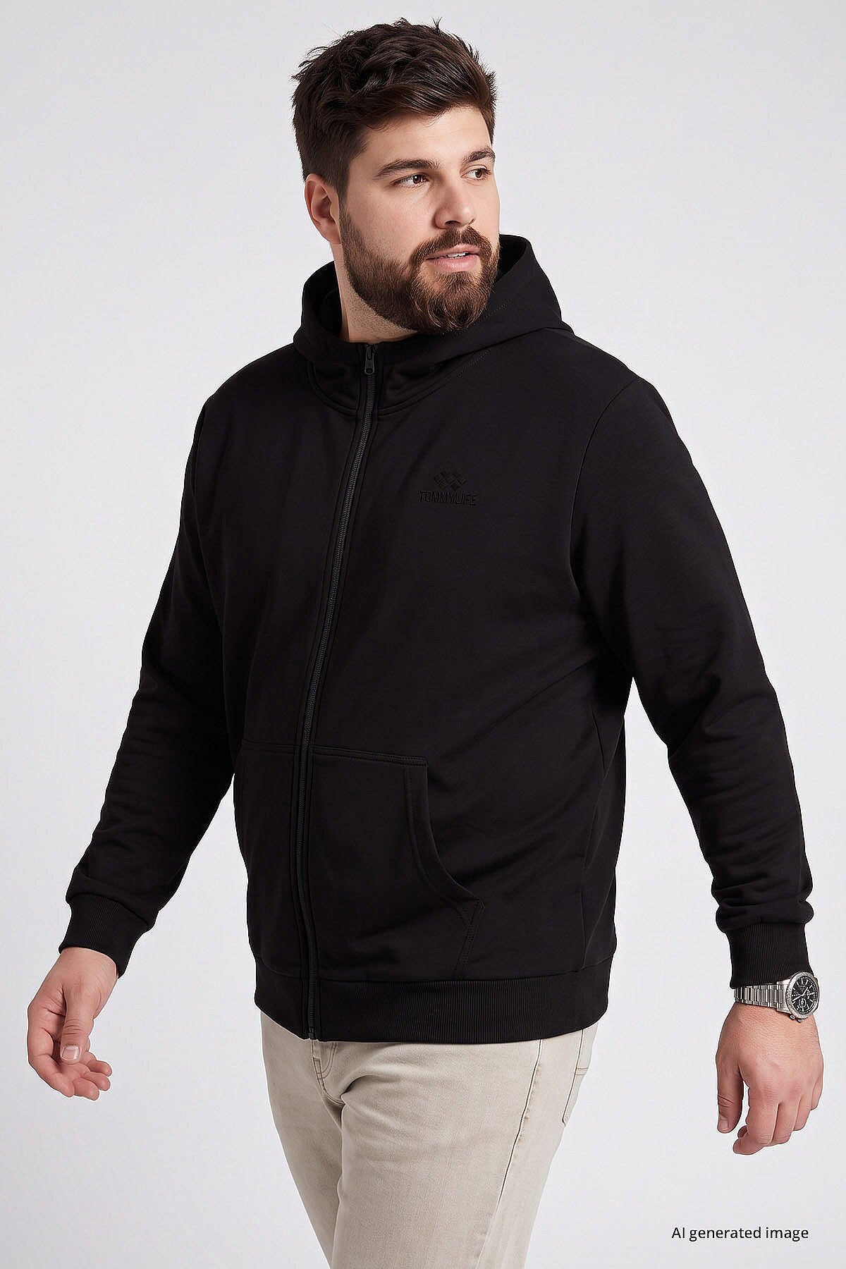 Fermuarlı Büyük Beden 2'li Paket Siyah-Haki Erkek Sweatshirt - 88124