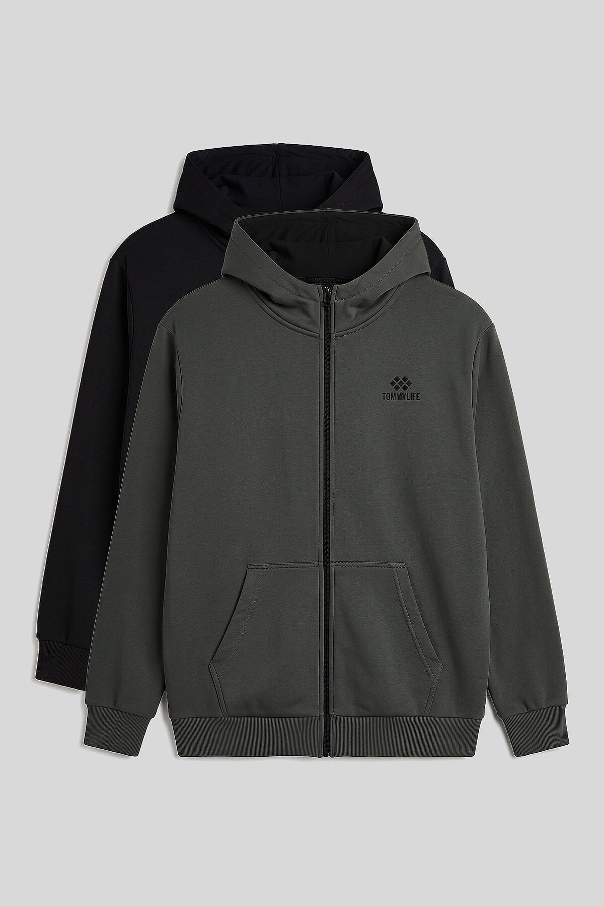 Fermuarlı Büyük Beden 2'li Paket Siyah-Haki Erkek Sweatshirt - 88124