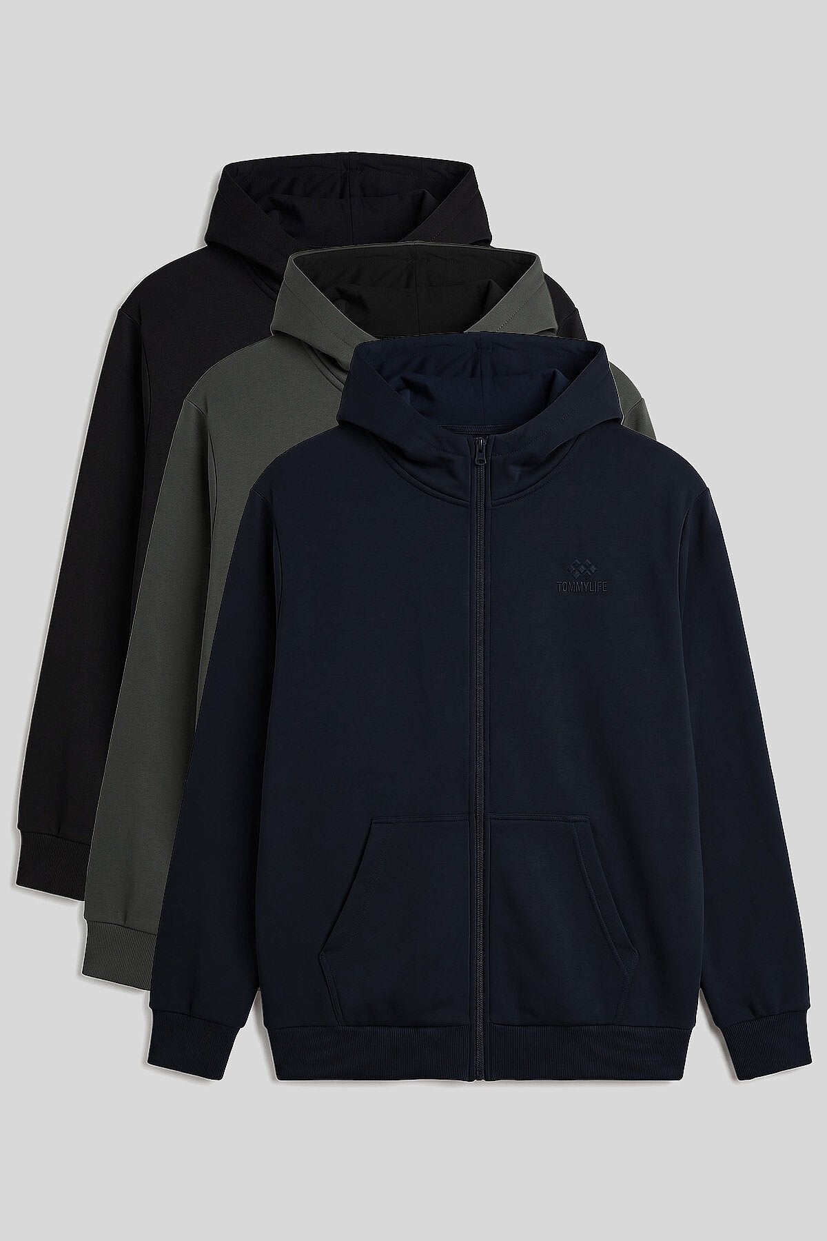 Fermuarlı Büyük Beden 3'lü Paket Siyah-Haki-Lacivert Erkek Sweatshirt - 88124