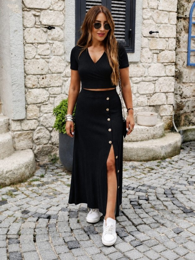 Women's Short-Sleeve Wrap-Neck Cropped Ottoman Blouse and Midi Skirt Two-Piece Set