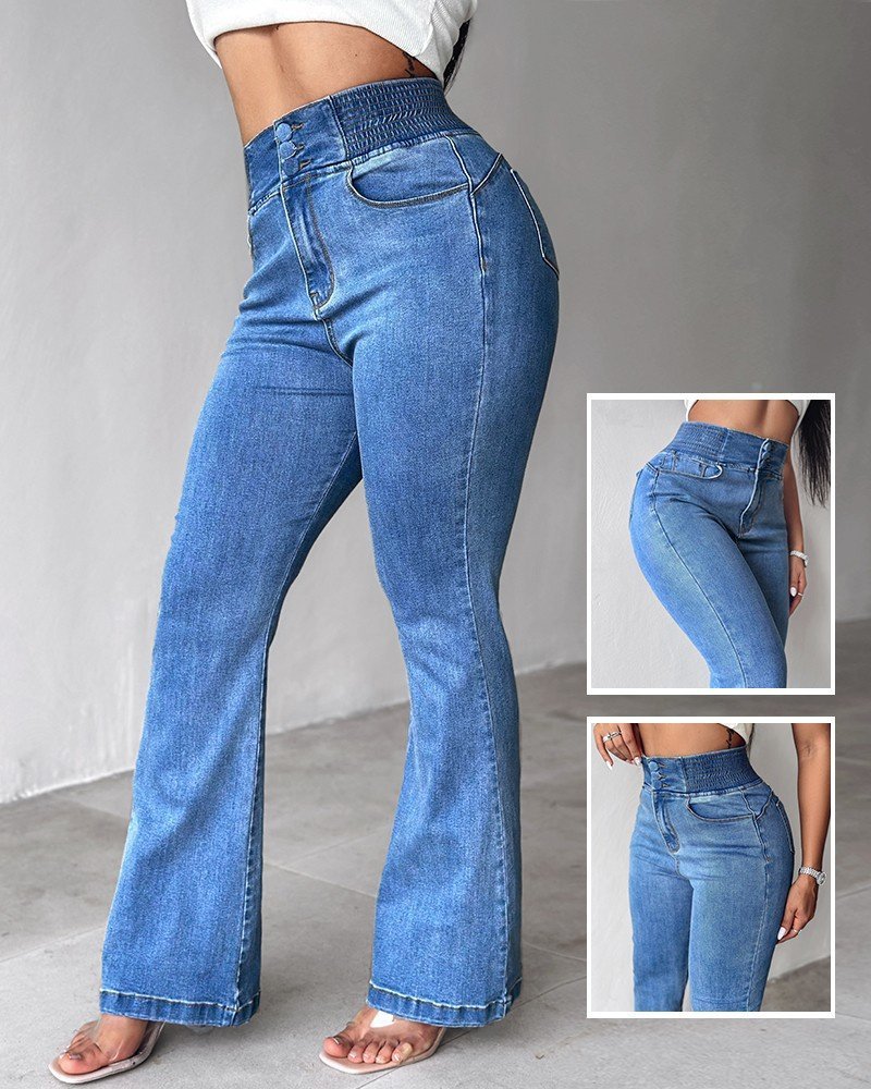 Kadın Yüksek Bel Yanları Lastik önü Düğmeli Kot Pantolon
