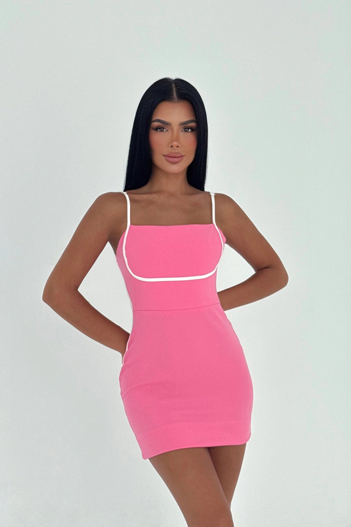 Fuşya Askılı Mini Elbise