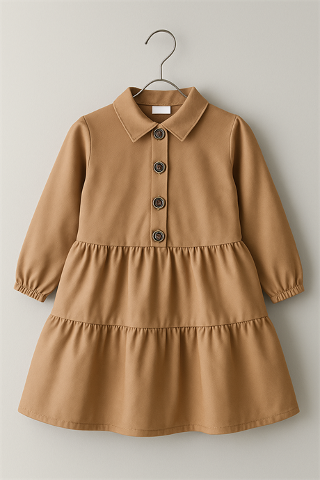 Gabardin Kız Çocuk Elbise Bej 3 Yaş