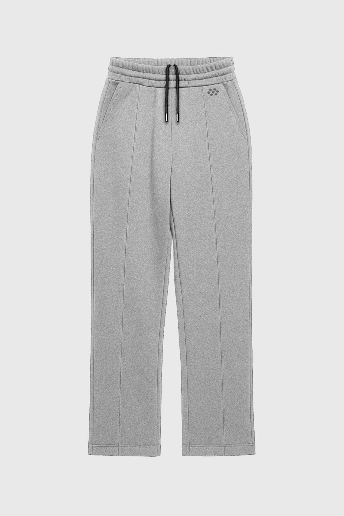 Gri Melanj Geniş Paça Ön Dikiş Detaylı Battal Büyük Beden Kadın Eşofman Altı - 94654