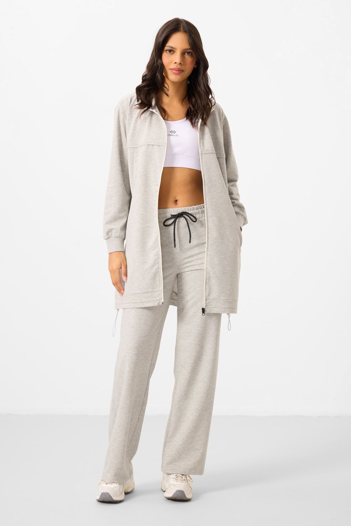 Gri Melanj Dik Yaka Fermuarlı Pamuklu Kadın Eşofman Tunik Takım - 95346