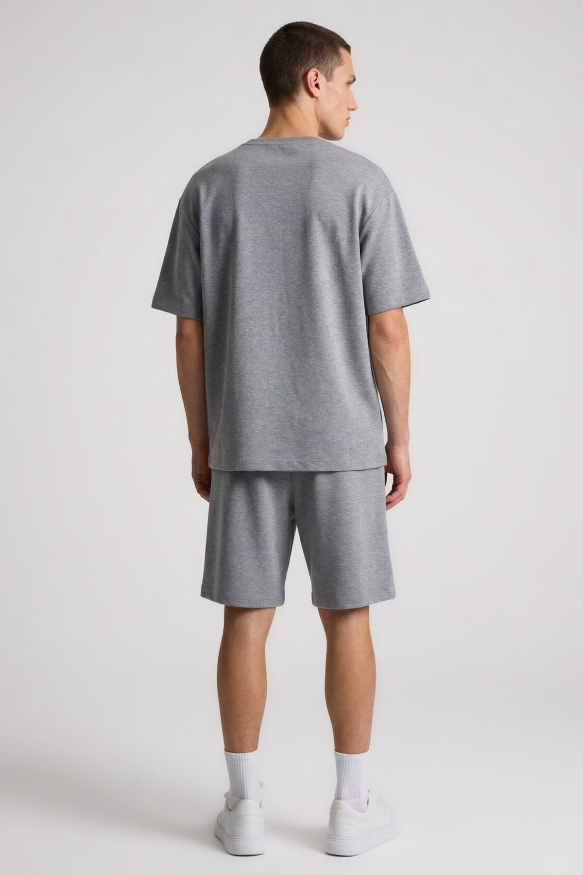 Gri Melanj Oversize Fit Basic Erkek Şort Takım - 85292