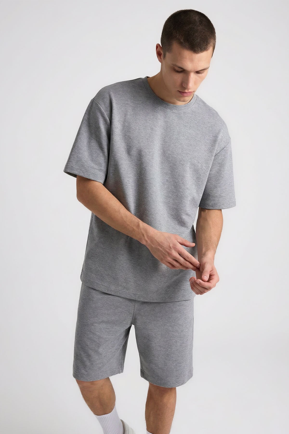 Gri Melanj Oversize Fit Basic Erkek Şort Takım - 85292