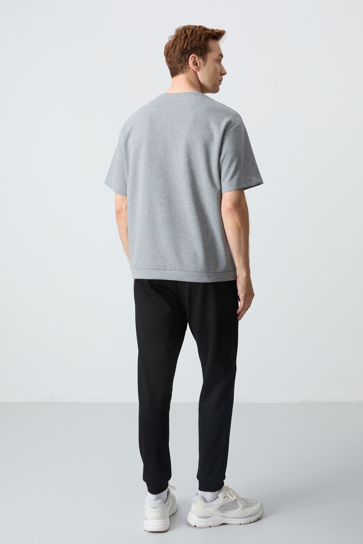 Gri Melanj  Siyah Pamuklu Kalın Yumuşak Dokulu Oversize Fit Basic Erkek Eşofman Takım - 85261