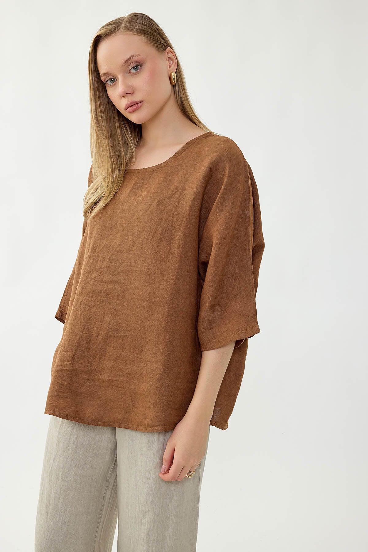 %100 Keten Geniş Yaka Oversize Kısa Kol Bluz