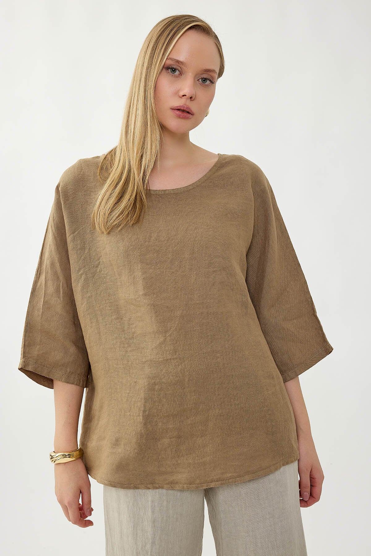 %100 Keten Geniş Yaka Oversize Kısa Kol Bluz