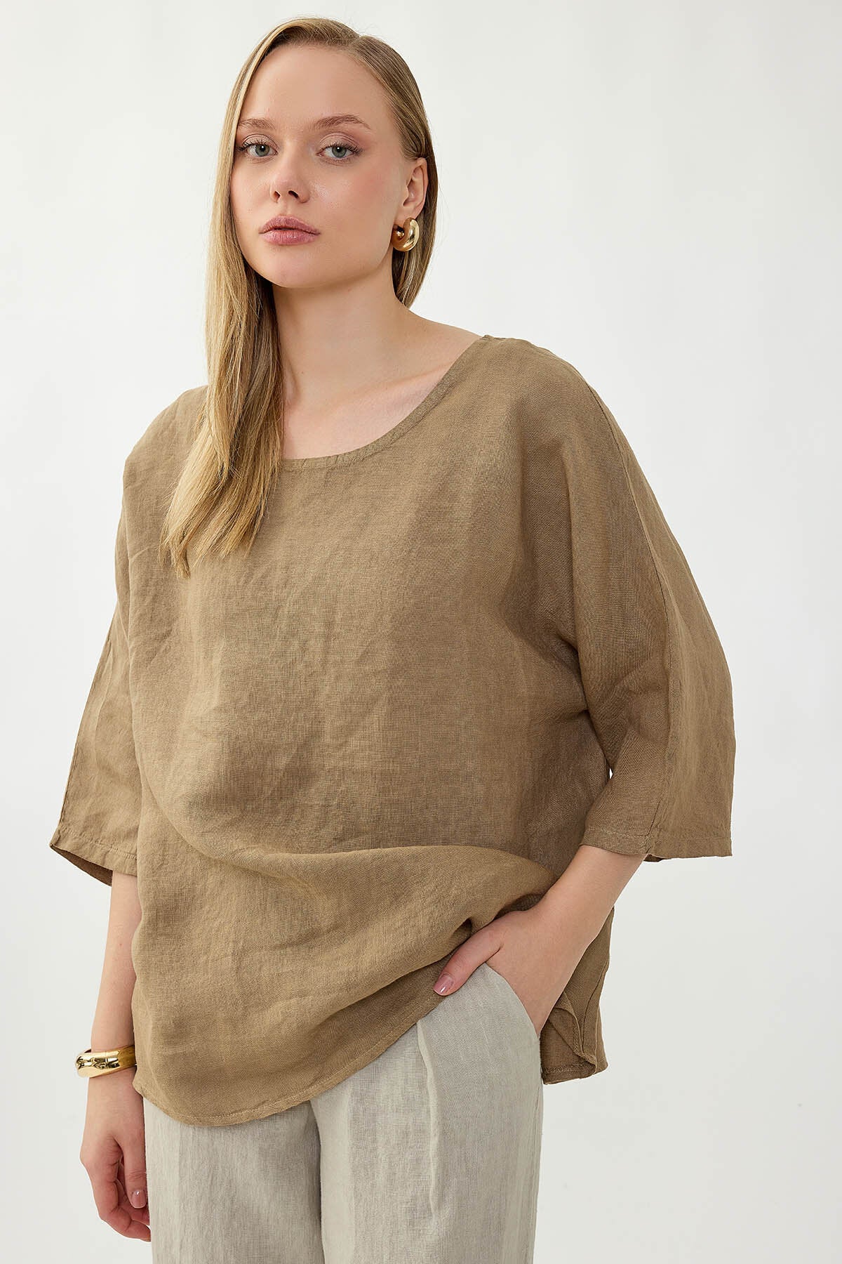 %100 Keten Geniş Yaka Oversize Kısa Kol Bluz