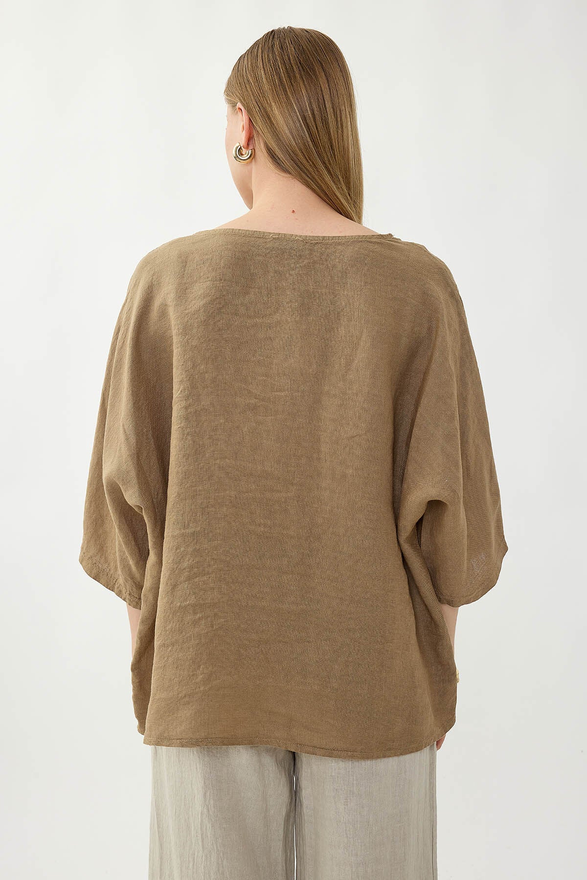 %100 Keten Geniş Yaka Oversize Kısa Kol Bluz