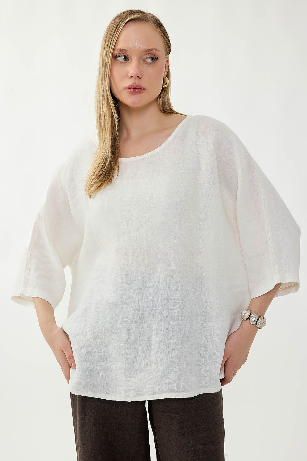%100 Keten Geniş Yaka Oversize Kısa Kol Bluz