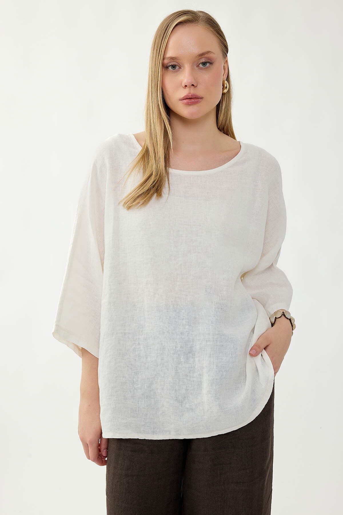 %100 Keten Geniş Yaka Oversize Kısa Kol Bluz