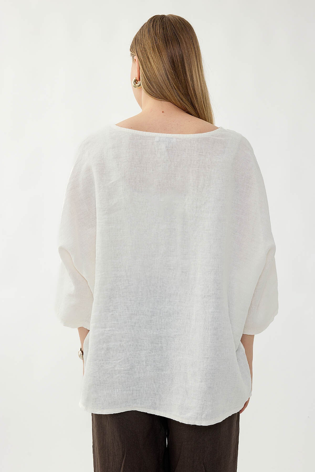 %100 Keten Geniş Yaka Oversize Kısa Kol Bluz