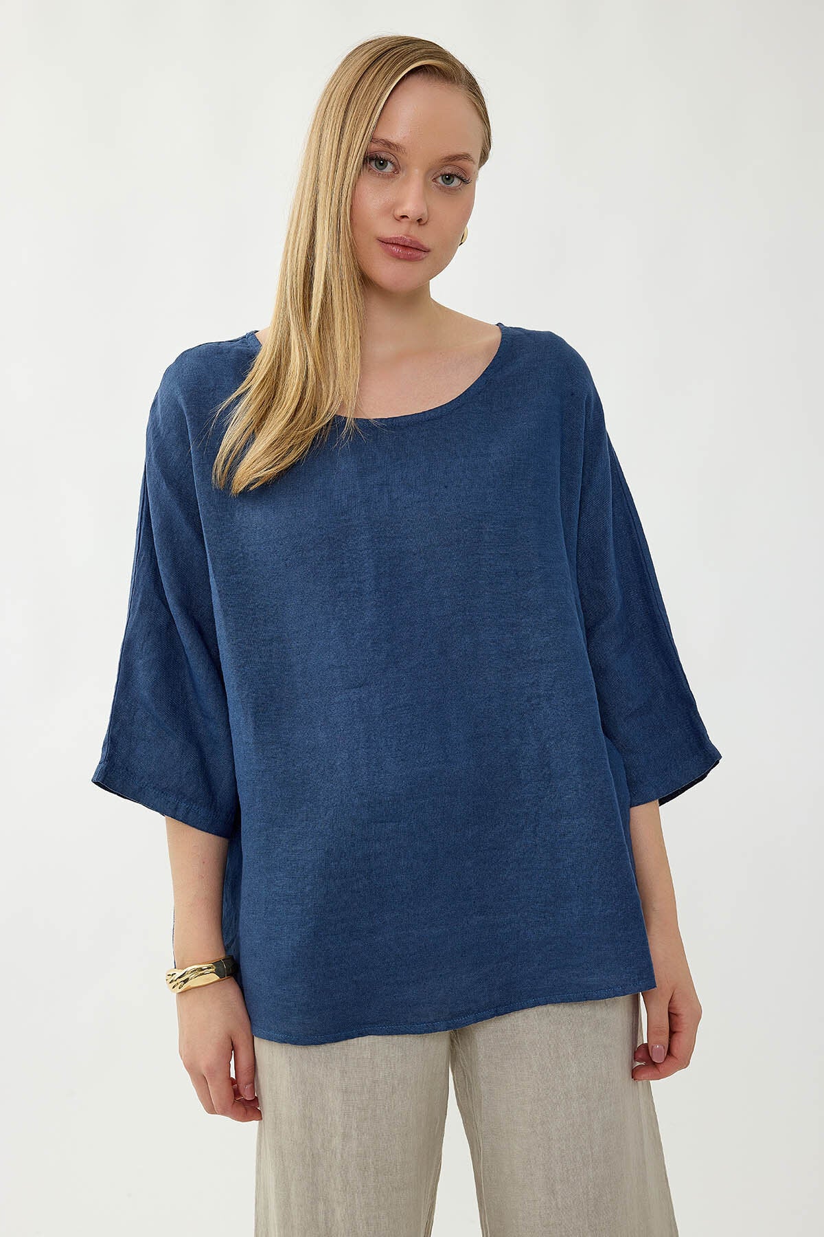%100 Keten Geniş Yaka Oversize Kısa Kol Bluz