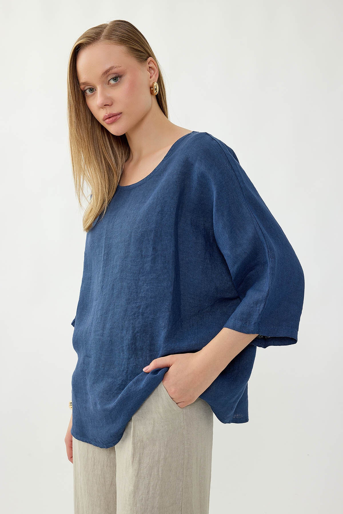 %100 Keten Geniş Yaka Oversize Kısa Kol Bluz
