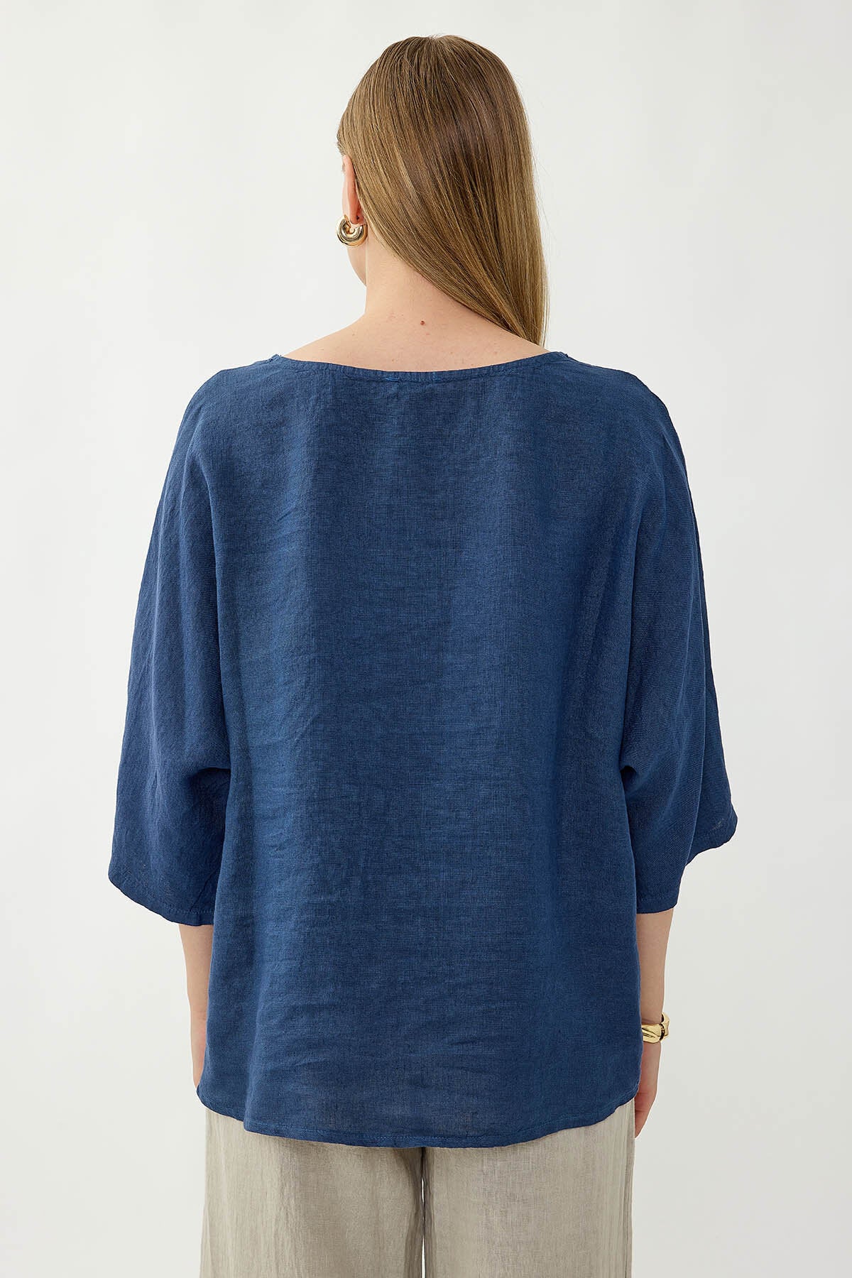 %100 Keten Geniş Yaka Oversize Kısa Kol Bluz