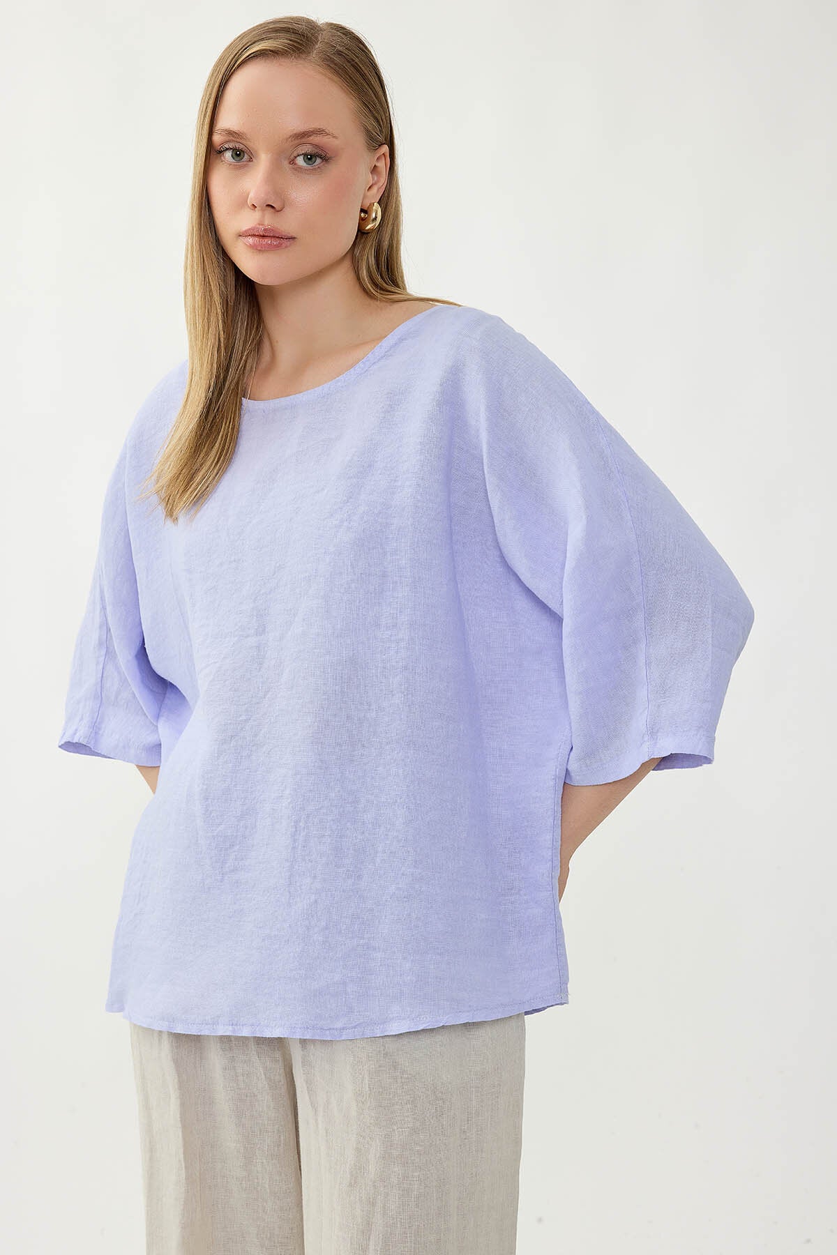 %100 Keten Geniş Yaka Oversize Kısa Kol Bluz