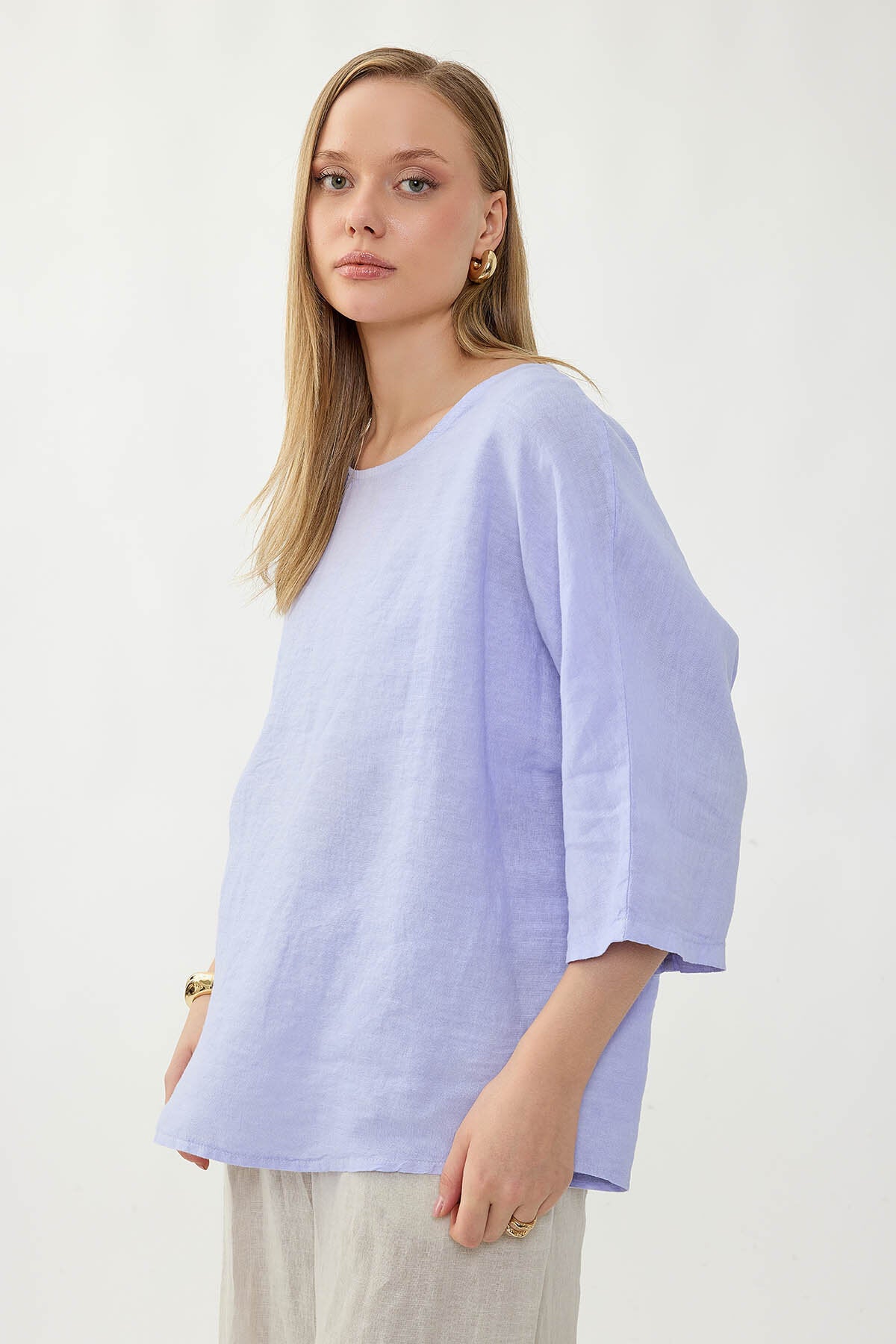 %100 Keten Geniş Yaka Oversize Kısa Kol Bluz