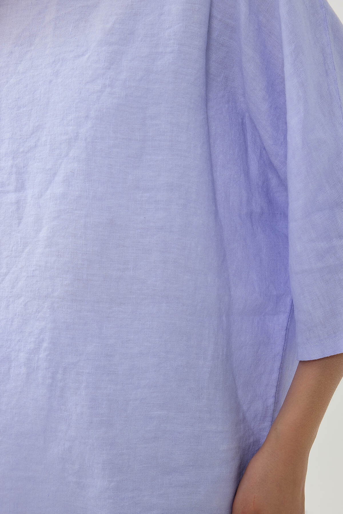 %100 Keten Geniş Yaka Oversize Kısa Kol Bluz