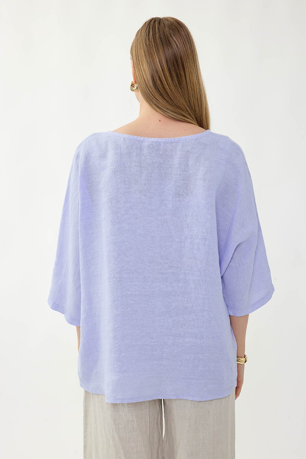 %100 Keten Geniş Yaka Oversize Kısa Kol Bluz