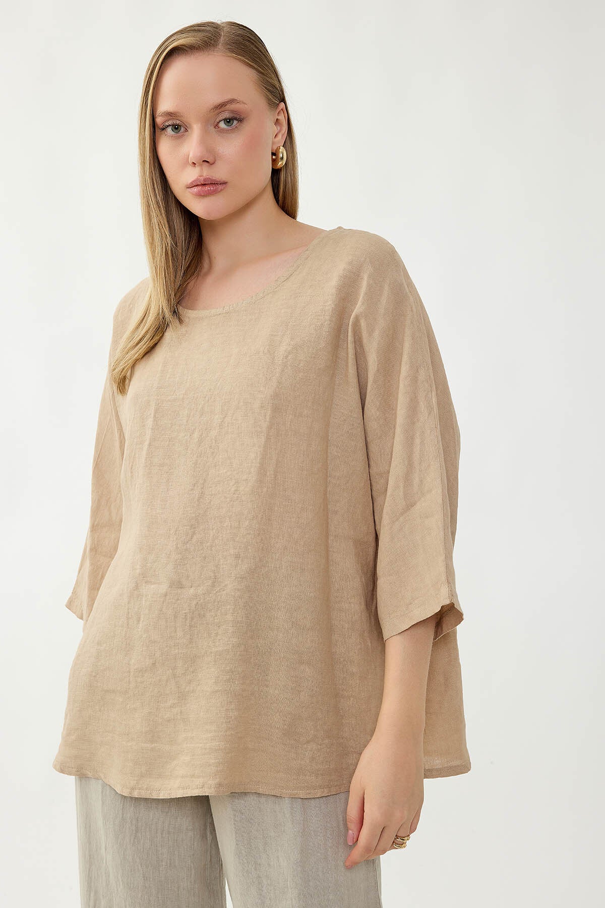 %100 Keten Geniş Yaka Oversize Kısa Kol Bluz