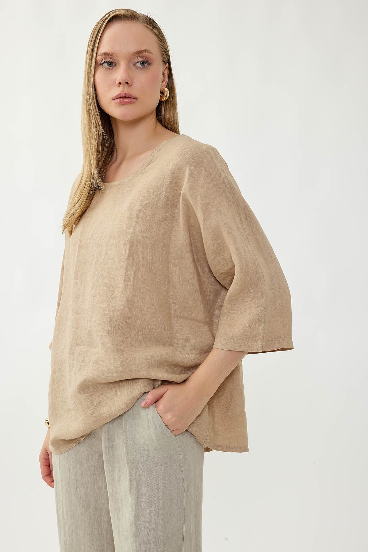 %100 Keten Geniş Yaka Oversize Kısa Kol Bluz