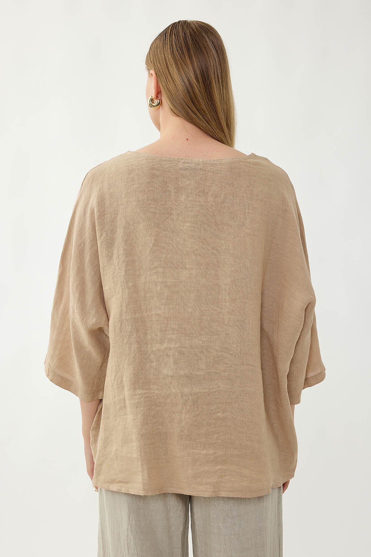 %100 Keten Geniş Yaka Oversize Kısa Kol Bluz