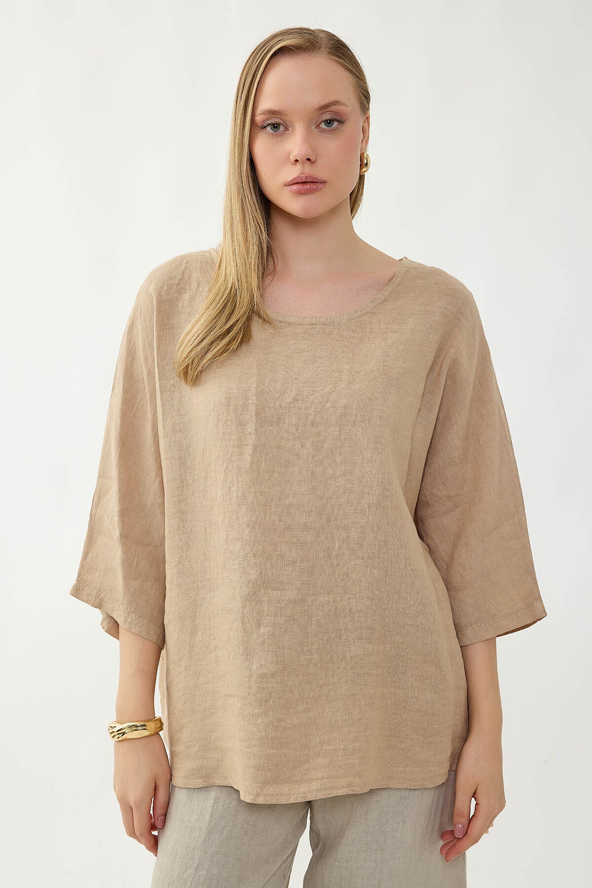 %100 Keten Geniş Yaka Oversize Kısa Kol Bluz