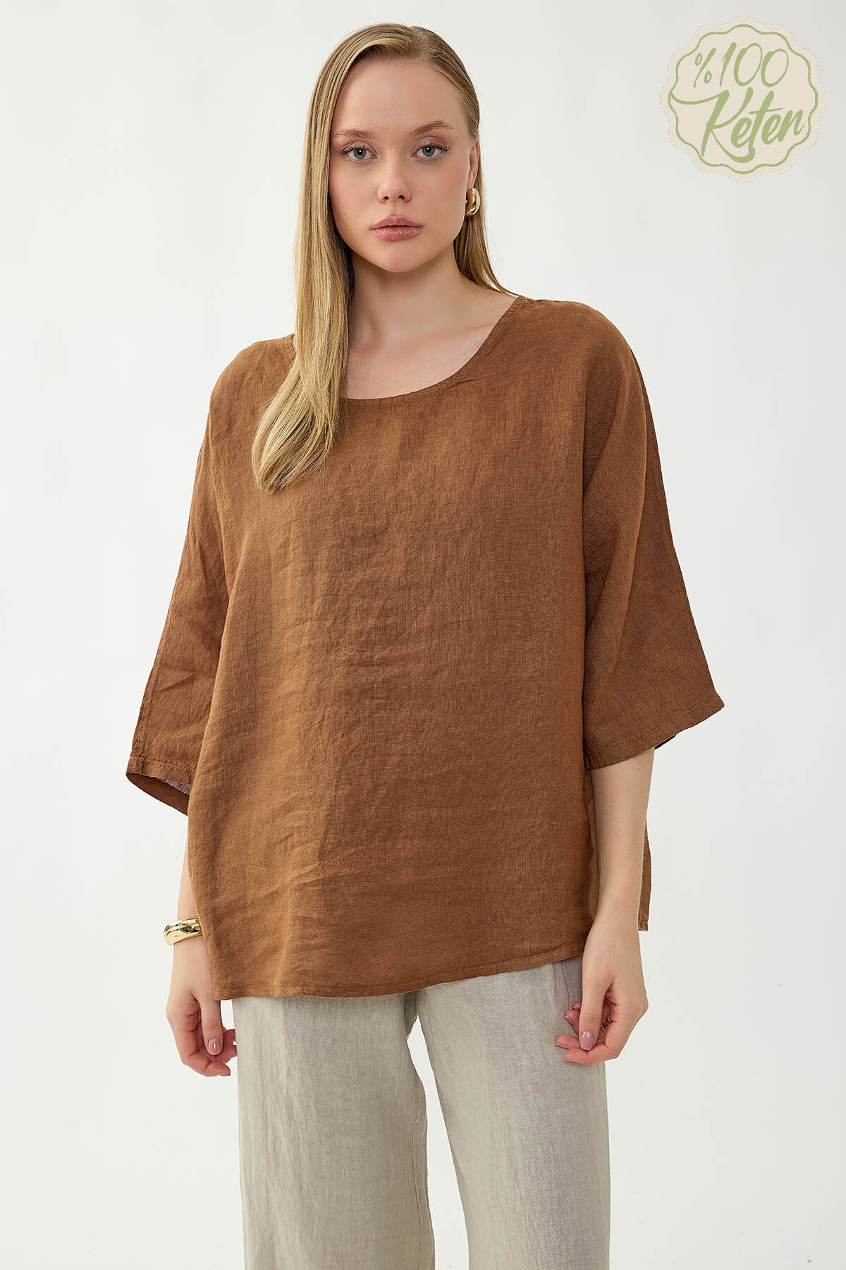 %100 Keten Geniş Yaka Oversize Kısa Kol Bluz