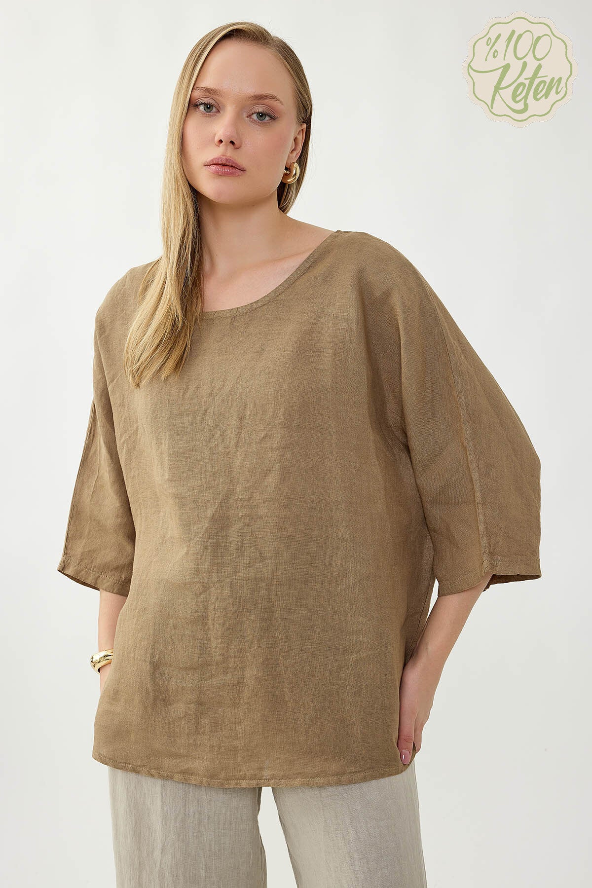 %100 Keten Geniş Yaka Oversize Kısa Kol Bluz
