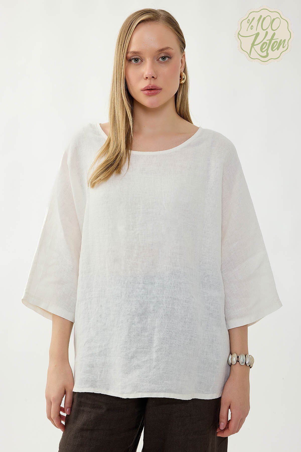 %100 Keten Geniş Yaka Oversize Kısa Kol Bluz